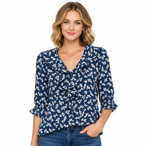 Lauren Ralph Lauren Blouse Womens XS Blue Floral Ruffle V Neck 3/4 Sleeve Top